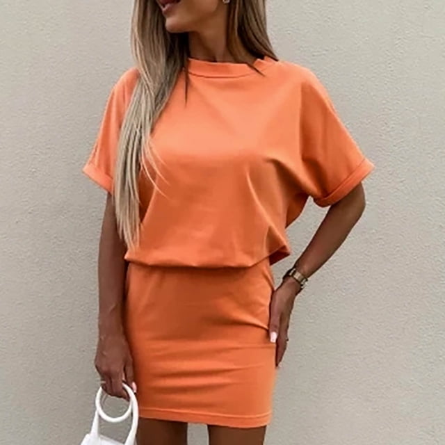 FcBaudy Robe à Manches Courtes à Col Rond, Robes pour Femmes, Robes d'Été pour Femmes Robe d'Été pour Femmes Mode Couleur Unie Col Rond Manches Courtes Robe de Sport Décontractée Robe Femme