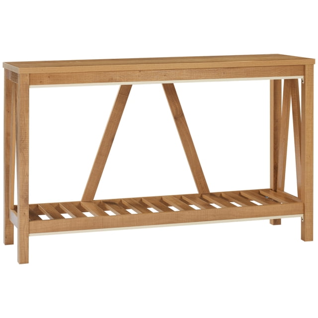 HOMCOM Farmhouse Console Table with Storage Shelf, a rustic wood panel design with barn-style accents. Features a large top surface for displaying decor and an open slatted bottom shelf for storage. Made of particleboard with a melamine-coated surface for durability and easy cleaning. Includes anti-tipping hardware for safety and footpads to protect floors. Dimensions: 52 inches wide, 14.2 inches deep, and 31.9 inches high. Ideal as a console table or accent furniture for entryways, living rooms, or bedrooms.