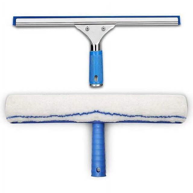 EIGTHTAIL window cleaning kit featuring a 35cm aquablade squeegee with a rubber lip and a microfiber cloth. The kit includes a blue-handled shower squeegee and a white microfiber cleaning tool with blue accents. Designed for effective glass cleaning, the rubber lip and fabric cover are removable and machine washable.