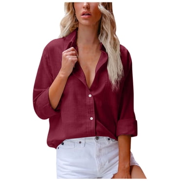 IROINID Offres Chemises à Manches Longues à Col en V pour Femmes Chemises en Coton pour Femmes Chemise Confortable de Couleur Unie Blouse Ample à Col en V Tunique de Travail à Manches Longues avec Poche, Bourgogne