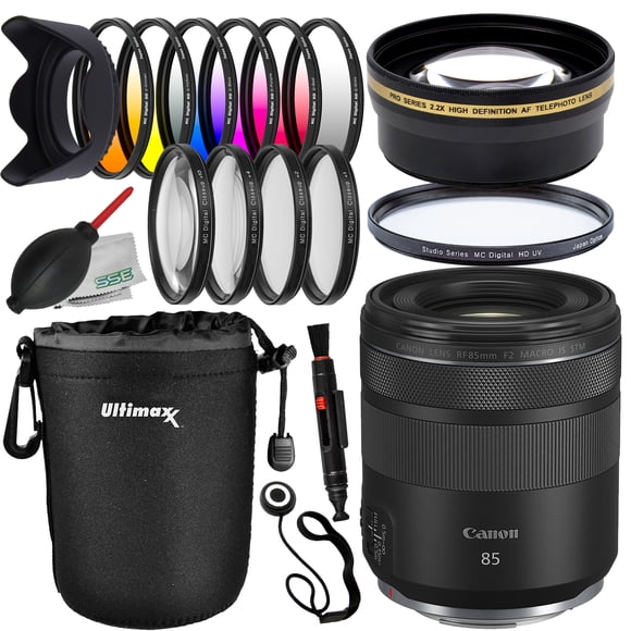 Canon RF 85mm f/2 Macro IS STM Lens with Essential Accessory Bundle: Water Resistant Lens Pouch, 2.2x Telephoto Lens Attachment, 4PC Macro Close-Up Filter Kit & Much More