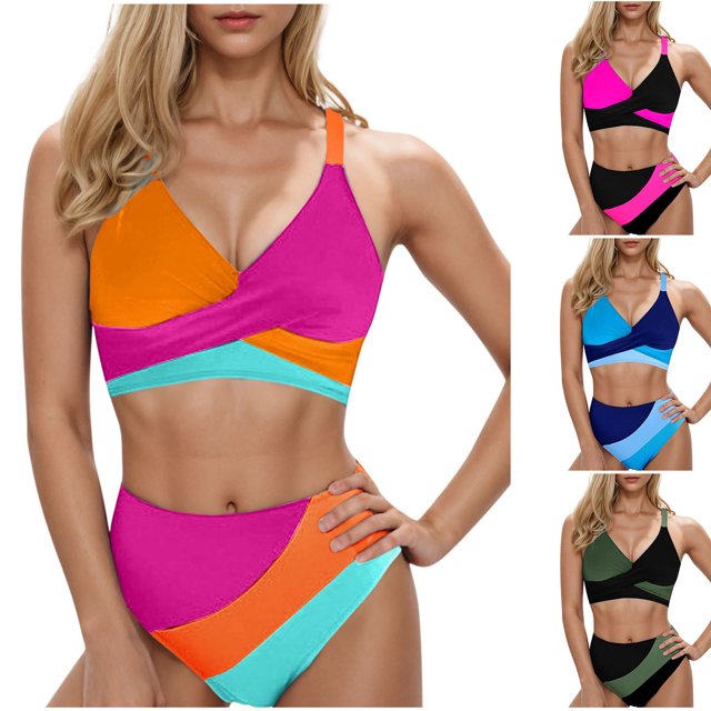 VBTAPA Womens High Waisted Bikini Sets Criss Cross Two Piece Swimsuits Color Block Full Coverage Bathing Suits Clearance Sale Blue M
