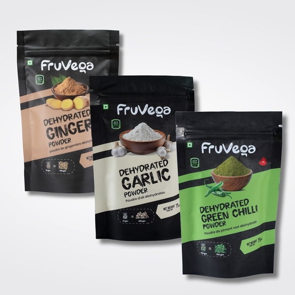Fruvega Value Pack – Ginger + Garlic + Green Chilli Powder | Clean Label Triple Spice Combo, 2.65oz Each 8 oz Pack