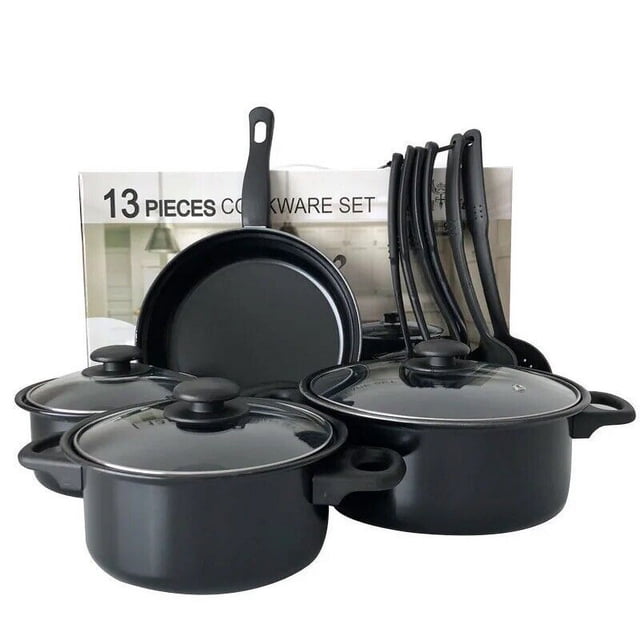 13-Piece Cookware Set, Pots, Pans and Utensils shown in a front-facing view. Includes black pots with glass lids, a frying pan, and matching utensils with soft, non-slip handles for daily use. Ideal as kitchen essentials for versatile cooking and stylish countertop decor.