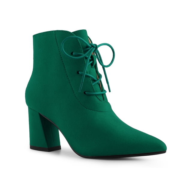Unique Bargains Bottines à Talon Bloc à Bout Pointu à Lacets pour Femmes Vert Foncé (Taille 6)