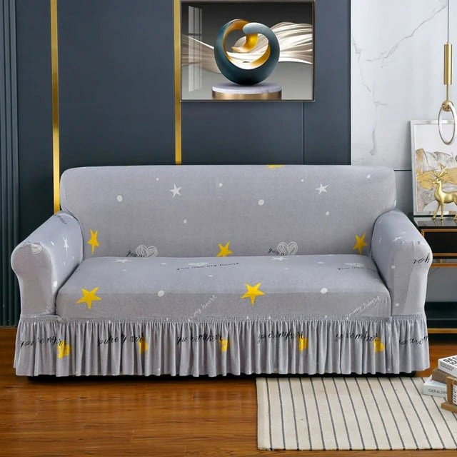 Elastic Stretchable Sofa Cover with Skirt Washable Furniture Protector Printed Slipcovers with Elastic Bottom for Living Room