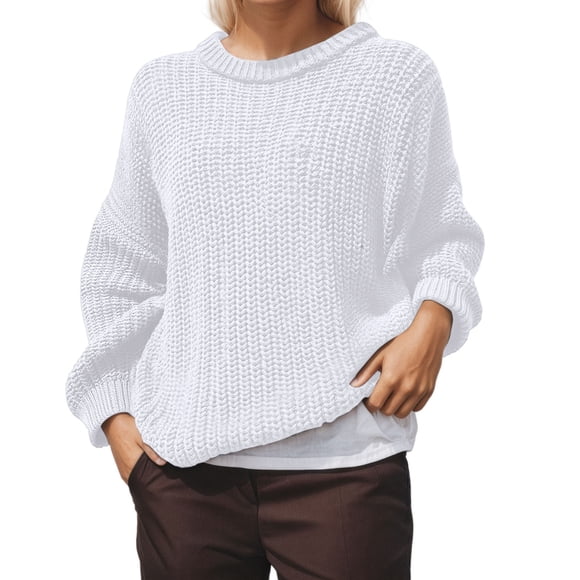 LUOGENLI Womens Sweaters Dressy Casual Drop Shoulder Crop Sweater Women's Casual Oversized Pullover Sweater Soft Long Sleeve Crewneck Tunic Loose Fit Winter Fall Solid Color Sweater White Size XXXL