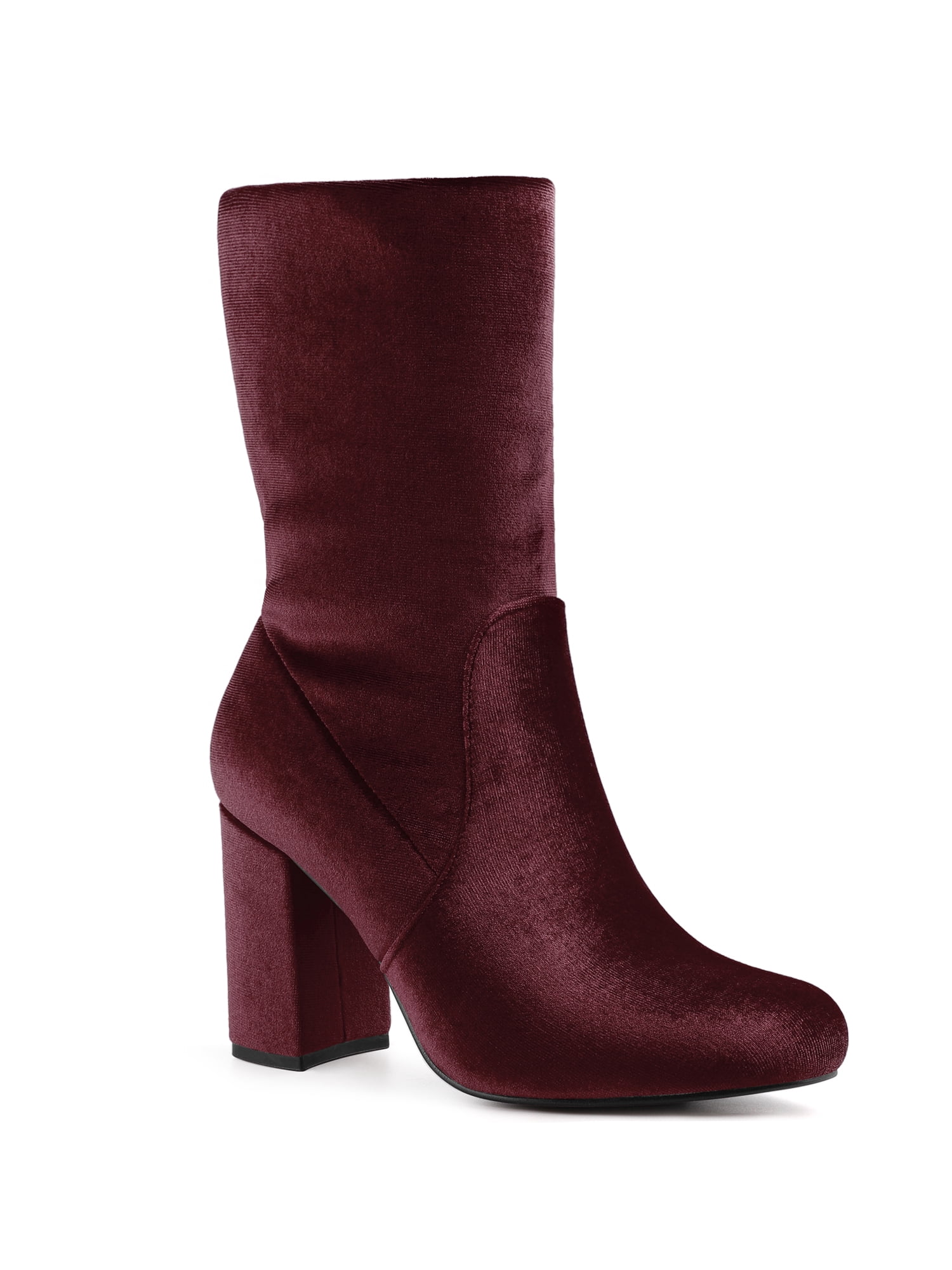 Unique Bargains Bottes Mi-Mollet Pliables à Talons Blocs à Bout Rond pour Femmes Bourgogne (Taille 9)