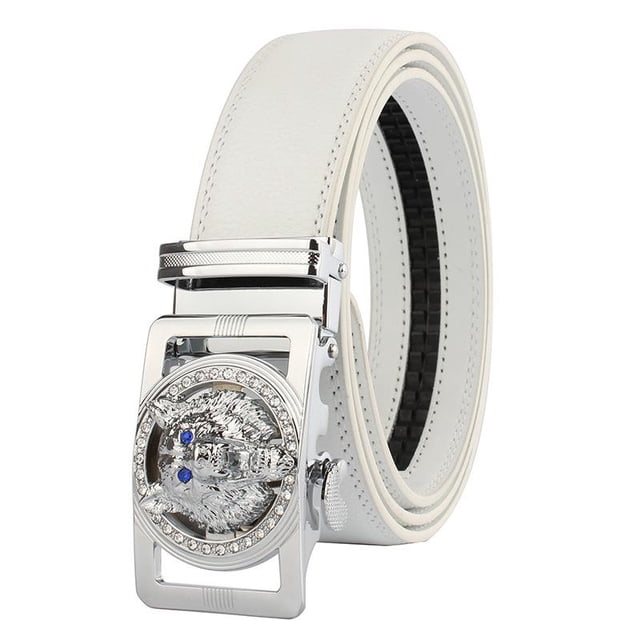 Ceinture Blanche pour Homme à Boucle Argentée, Ceinture Standard en Cuir à Cliquet Orientée vers l'Avant avec Sangle en Cuir Véritable Blanc Bovin Pleine Fleur et Boucle à Verrouillage Automatique en Acier Inoxydable Argenté; s'Ajuste par Incréments de 1/4 Pouces (38 stops) pour Taille de 26 Pouces-54 Pouces, Livré dans une Boîte-Cadeau Exclusive Amedeo, Souvent Utilisé pour Sécuriser des Vêtements Roulés pour le Voyage.