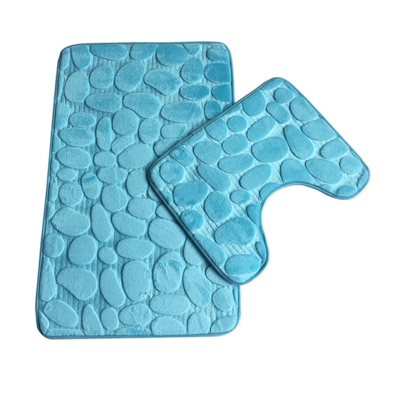 VONKY 2Pcs Non-slip Mat Set Plush Floor Pad Door Carpet Stone Bathroom Toilet Water Absorbent Rug, Sky Blue