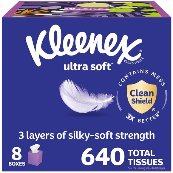Kleenex Mouchoirs pour le Visage Ultra Doux, 8 Boîtes Cubiques, 80 Mouchoirs par Boîte, 3 Épaisseurs, l'Emballage Peut Varier