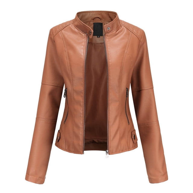 drppepioner New Women'S Slim Leather Stand-Up Collar Zipper Stitching Solid Color Jacket Plus Size Clearance