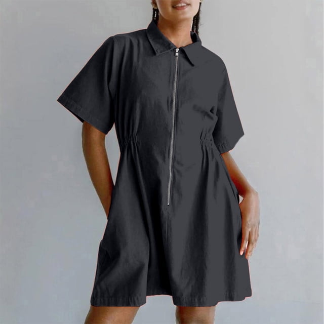 Weiqiqre Robes Décontractées pour Femmes à Fermeture Éclair, Manches Courtes Style Cap, Col en V, Robes Midi Décontractées Fluides avec Poches