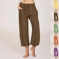 thumbnail image 1 of CFLVAEK Cotton Linen Capri Pants for Women Plus Size Wide Leg Summer Capris Loose High Waisted Drawstring Pants Solid Color Vacation Beach Pant Brown S, 1 of 8