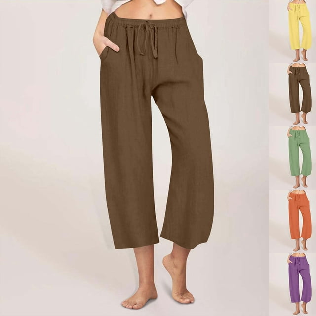 CFLVAEK Cotton Linen Capri Pants for Women Plus Size Wide Leg Summer Capris Loose High Waisted Drawstring Pants Solid Color Vacation Beach Pant Brown S