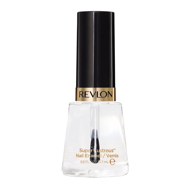 Revlon Super Lustrous Chip Resistant Nail Polish, 14.7mL clear nail enamel bottle with black cap and gold band, featuring chip-resistant and fade-resistant formula with smooth brush applicator for long-lasting manicure.