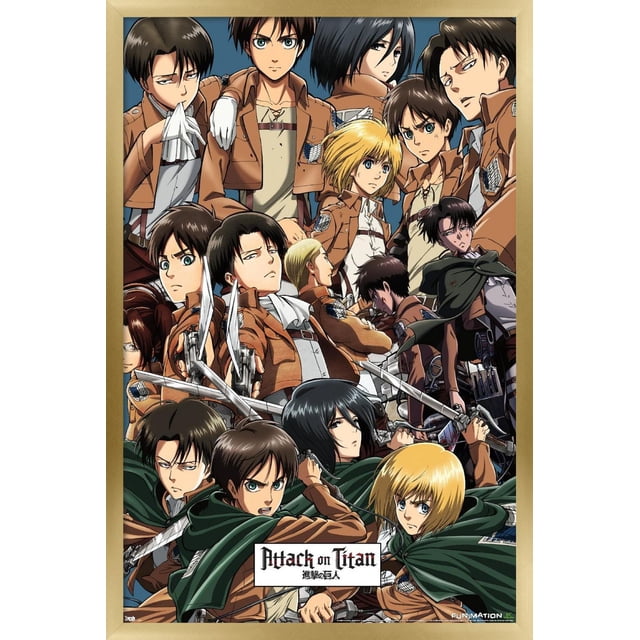 Attack on Titan - Affiche Murale Collage, 22,375 Po x 34 Po Représentant Plusieurs Personnages d'Anime en Vestes de Corps d'Enquête Brunes et Capes Vertes Brandissant des Épées et de l'Équipement de Manœuvre, sur Fond Bleu, Imprimée sur Papier Lustré, Convient pour Décorer des Chambres, des Bureaux Ou des Dortoirs.