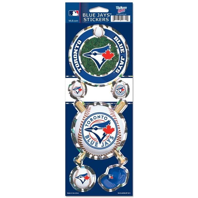 Wincraft Toronto Blue Jays Prismatic Decal 4x11 sheet with multiple die-cut stickers featuring official Toronto Blue Jays logos on baseballs, bats, and a cap, printed on cracked ice holographic prismatic material, suitable for scrapbooking and paper crafts.