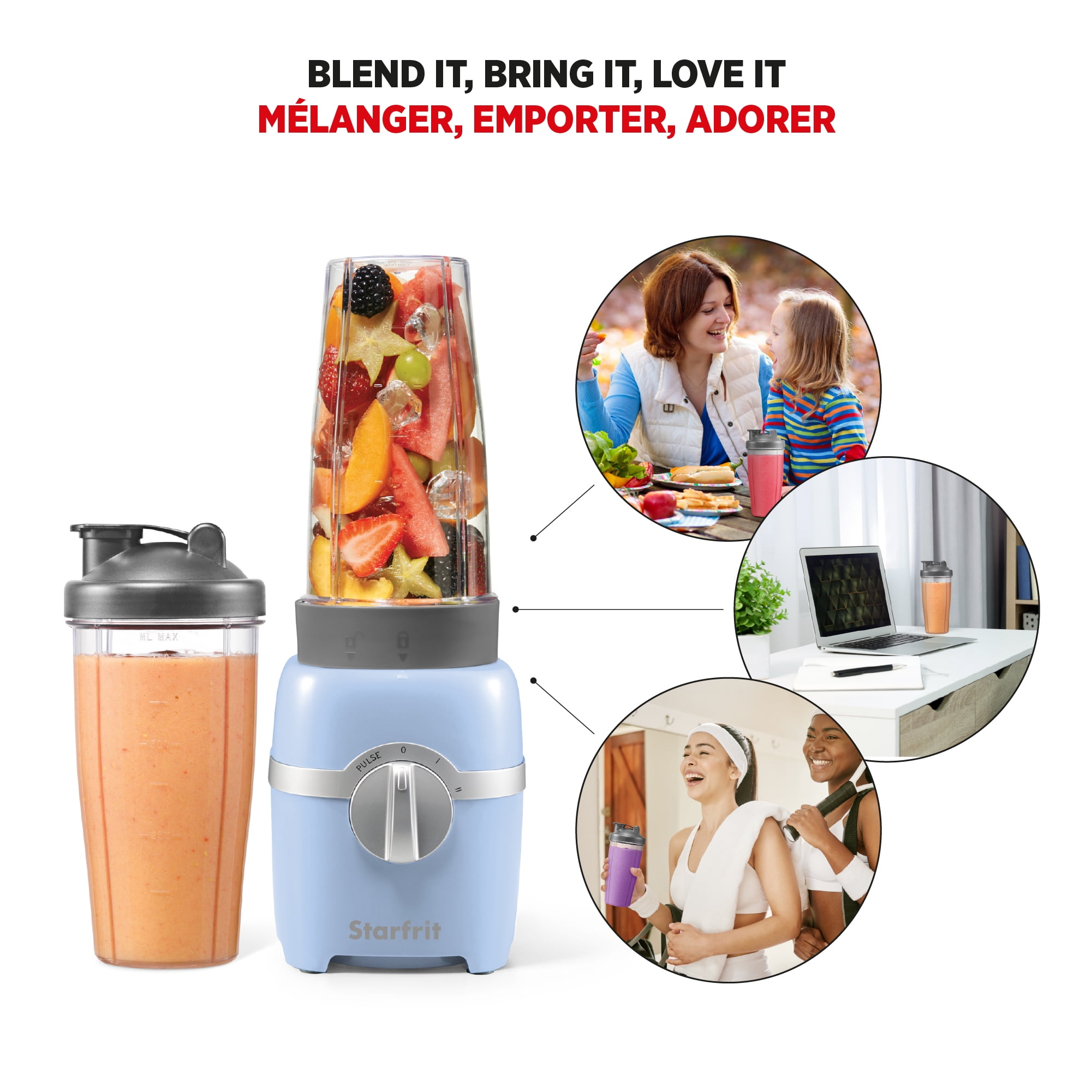 Starfrit 7 pcs  Personal Blender, 2 x 28oz (828ml) cups, 2 x travel lids, 2 blades, 3 speed modes: Low, High & Pulse, 300W
