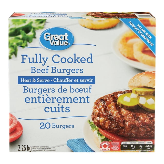 Great Value Frozen Boîte de Burgers de Bœuf Entièrement Cuits avec 20 Galettes de Bœuf Valeur à Chauffer et Servir, Pesant 2,26 kg, Montrant un Gros Plan d'Un burger Cuit Garni de Marinades et d'Oignons sur un Petit Pain au Sésame, Convenant à des Repas Rapides et Pratiques.