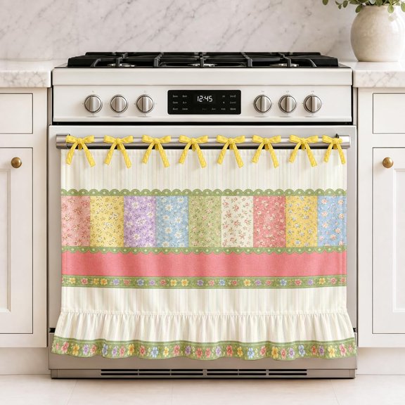 Patchwork Floral Oven Skirt Curtain Pastel Cottagecore Stripe Stove Curtain Tie Top Oven Skirt Decorative Stove Cover Ribbon Ties Use for Dishwashers Washing Machine