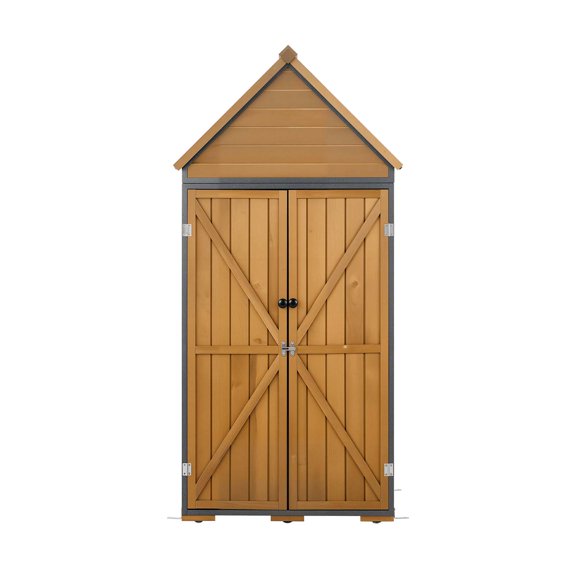 KFFKFF Outdoor Storage Shed, 44.09" x 66.93" Wood & Metal Garden Tool Shed with Lockable Doors & Sloped Roof,Waterproof Outside Storage Cabinet with Shelves & Floor for Backyard Patio Lawn, Brown