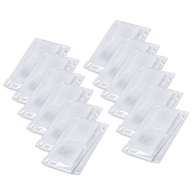Geeni PetConnect Dog Fountain Replacement Filters 12-Pack showing twelve white rectangular filters individually sealed in clear plastic packaging, containing activated carbon and ion exchange resin to ensure clean, purified water for dogs, designed for easy replacement in pet water fountains.