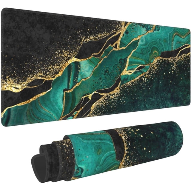 Extended Large Mouse Pad, XL Gaming Mousepad measuring 31.5 x 11.8 inches with a green marble design. Features a smooth polyester fabric surface, 3mm thick non-slip rubber base, and stitched edges for durability. Waterproof and suitable for office, gaming, or home use. Provides ample space for a keyboard, mouse, and other desk items.