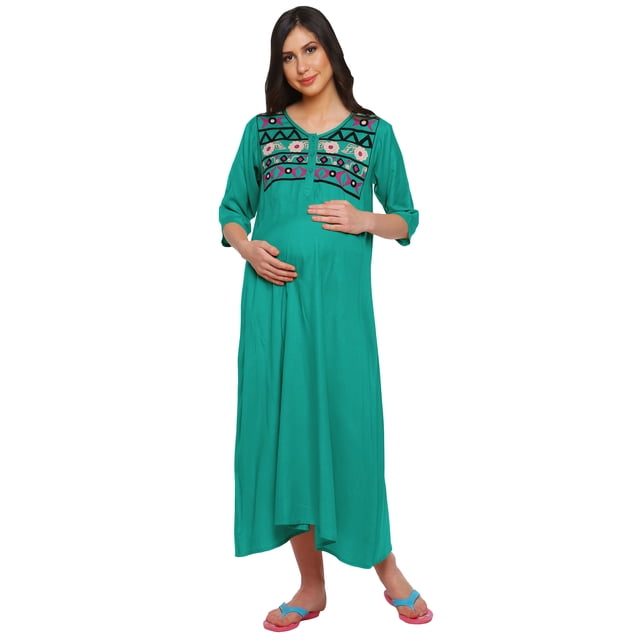 Moomaya Womens Maternity Embroidered Maxi Dress With Button Placket Clothing