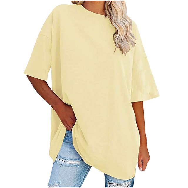 Plebaso T-Shirts Surdimensionnés pour Femmes 2025 Manches Courtes Hauts Amples Col Rond Décontracté Uni T-Shirts Basiques pour Femmes