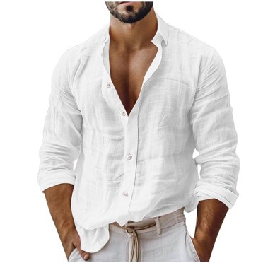Men's Cotton Linen Shirts Loose Fit Long Sleeve Button Down Shirt Lightweigh Band Collar Beach Work Shirts