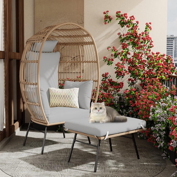 GloryStar Oversized Egg Chair with 4 Comfy Cushions, Ottoman-Included Oversized Wicker Egg-Shaped Lounger, Rattan Lounge Chair for Indoor Outdoor Patio, Garden, Deck & Porch