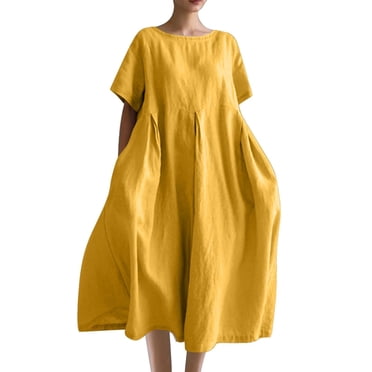 Robes Caftans en Coton et Lin pour Femmes Grande Taille à Manches Courtes Amples et Larges Robe Maxi Plissée à Volants Longue Robe Jaune, P