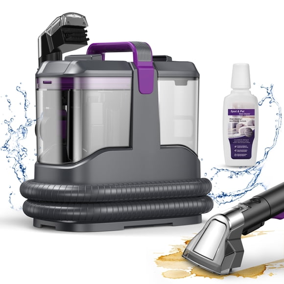 INSE Portable Carpet Cleaner Machine, Furniture Stain Vacuum, equipped with dual brush heads and stain-removing formula, delivers deep cleaning for carpets, sofas, stairs, cars, and pet stains.