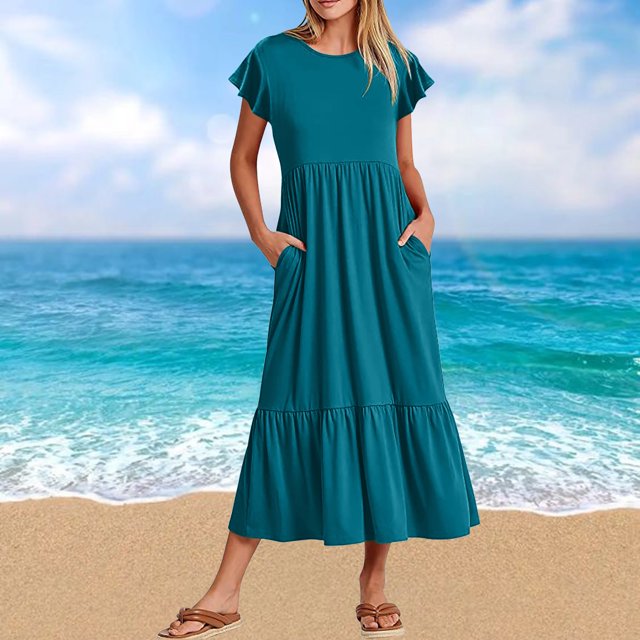 Robes d'Été Grande Taille pour Femmes 2024 Décontractées à Manches Courtes Col Ras du Cou Robe Décontractée Fluide à Étages Maxi de Plage avec Poches Économisez jusqu'à 65 % de Rabais!