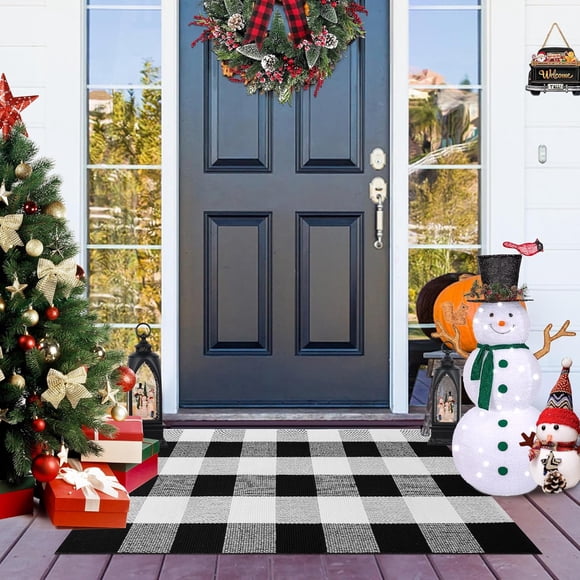 Aoczes Buffalo Plaid Outdoor Rug 2x3 Black and White Checkered Rug Cotton Hand Woven Rug Washable Indoor Outdoor Rugs for Layered Door Mats Front Porch/Entryway/Farmhouse/Patio