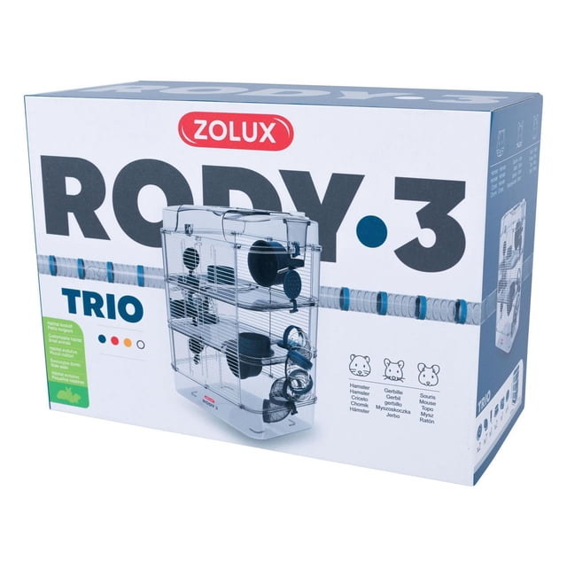Rody3 Trio Emballage de Cage pour Hamster Montrant un habitat pour Petit animal Bleu à 3 Étages avec Plastique transparent et Treillis Métallique, Comprenant Plusieurs tubes et Ouvertures Latérales pour des Connexions Personnalisables, Idéal pour hamsters, Gerbilles et Souris.