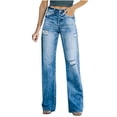 thumbnail image 1 of Pisexur Wide Leg Ripped Jeans for Women, Casual Solid Color High Waisted Jeans Bootcut Straight Full Length Pants with Pocket, 1 of 7