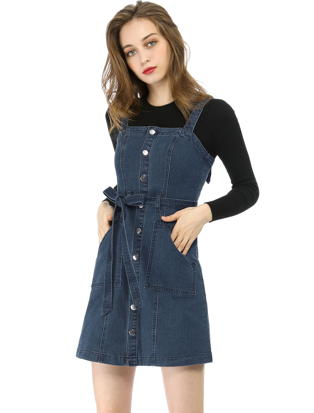 INSPIRE CHIC Women's Classic Adjustable Strap A-Line Overall Denim Dress