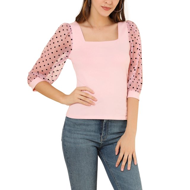 INSPIRE CHIC Blouse pour Femme à Pois, Encolure Carrée, Maille Semi-Transparente, Manches 3/4