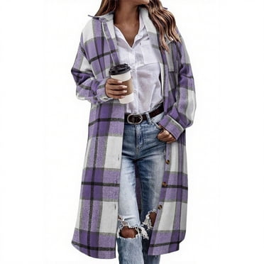 HAiming Womens Plaid Long Shirt Jacket Fleece Casual Lapel Collar Button down Coats Fall Winter Fashion Outerwear