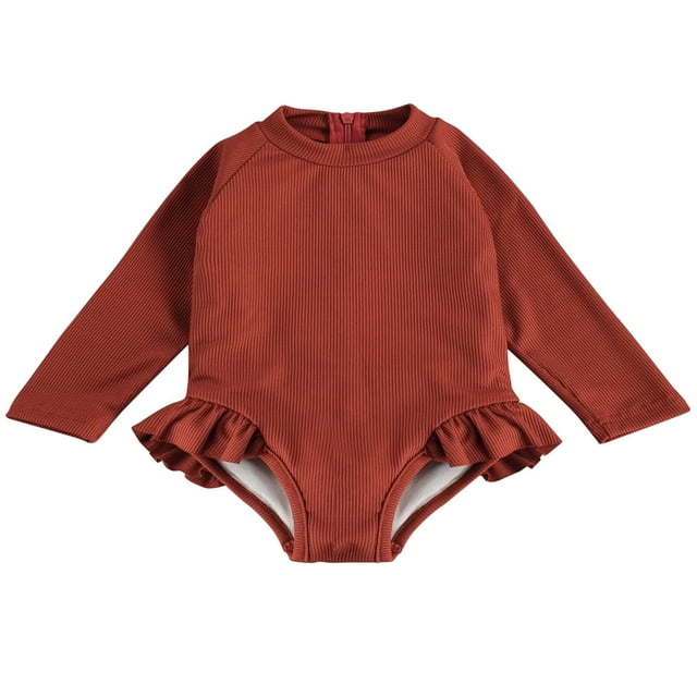 Baby Girls Long Sleeve Swimsuit Ruffle Zipper Rash Guard Swimwears