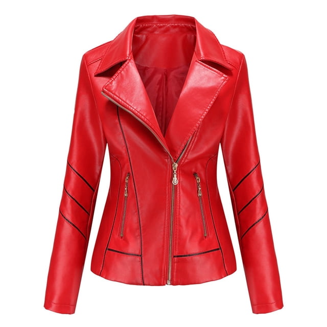 Qertyioot Womens Leather Jacket New Slim Stand-Up Collar Zipper Stitching Solid Color