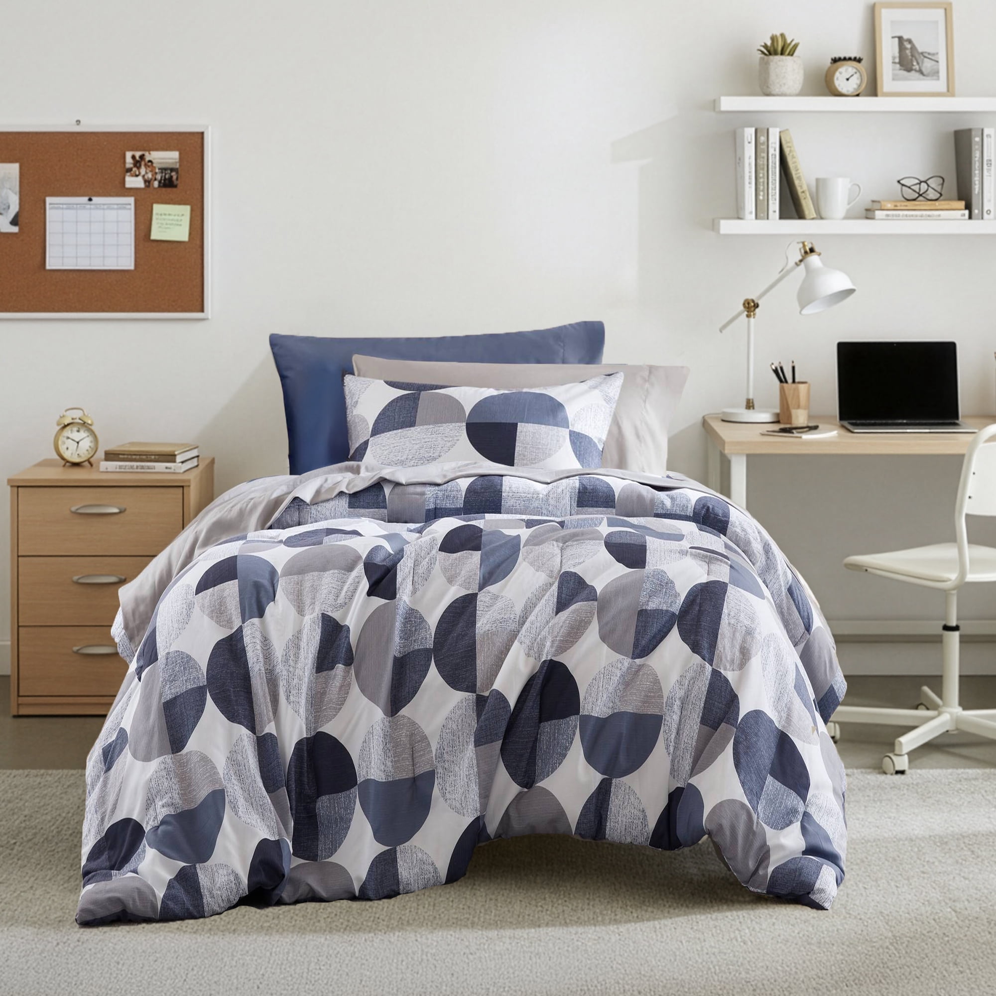 Regency Heights Ensemble de Douillette Format Simple, Ensemble de Lit 6 Pcs Simple, Ensemble de Literie à Imprimé Géométrique Rond avec Draps, Bleu Marine