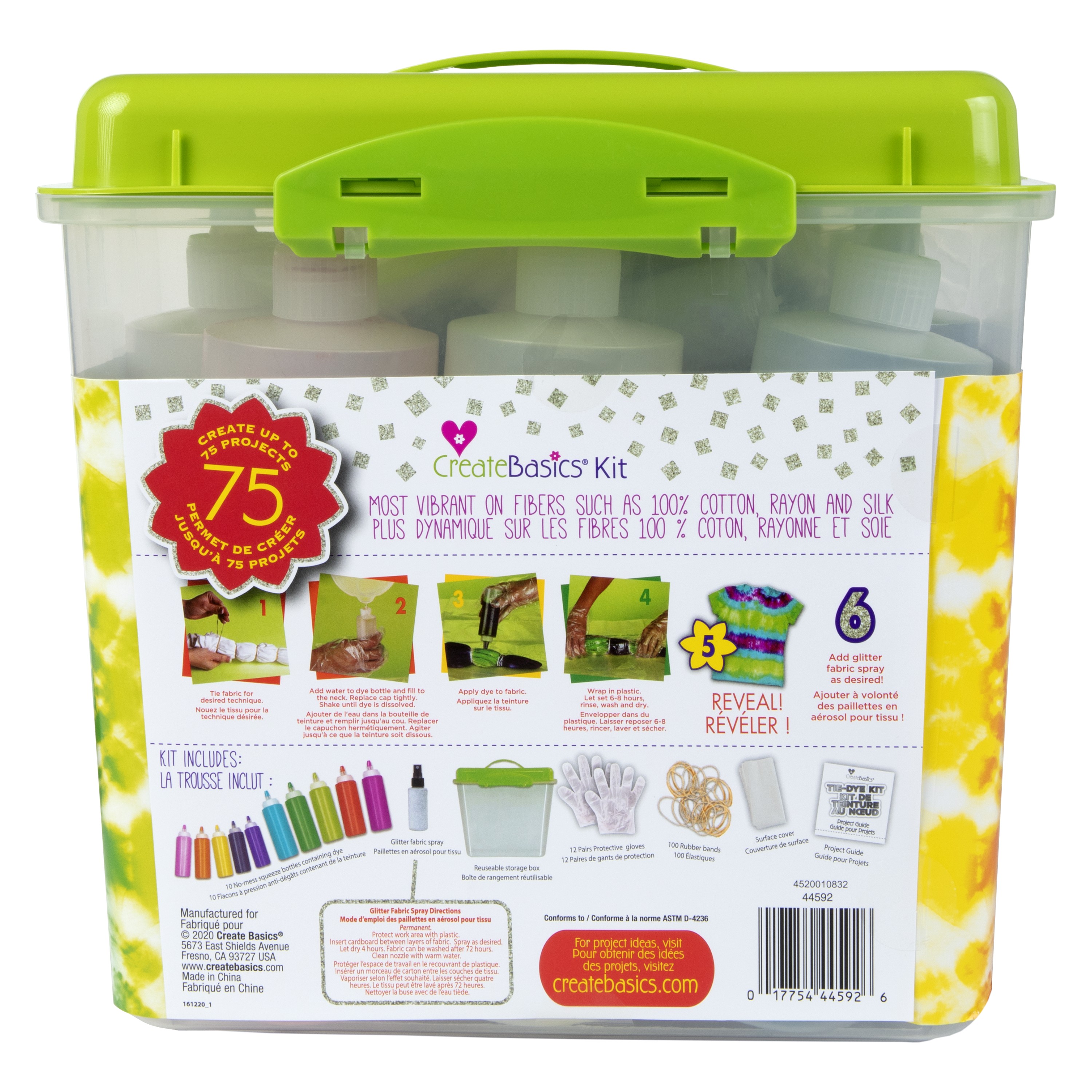 Kit Tie-Dye Party Mega Value Create Basics avec spray pailleté bonus, Activité amusante, Cadeau d’anniversaire, Mode créative, Teintures permanentes et éclatantes pour vêtements, 10 couleurs