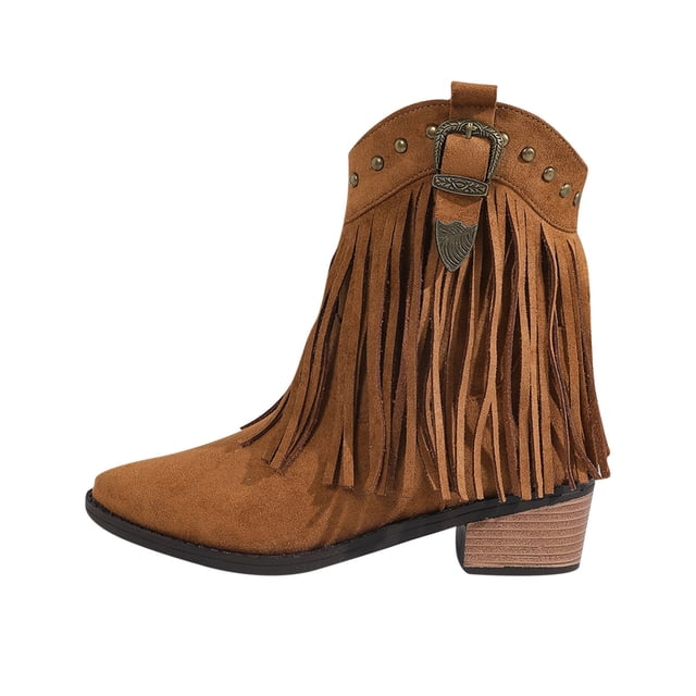 LOVZFMLL Cowboy Bottes pour Femmes Bottines à la Cheville Bout Rond Antidérapantes Talon Bloc Bas à Franges Chaussures de Mode Automne Hiver