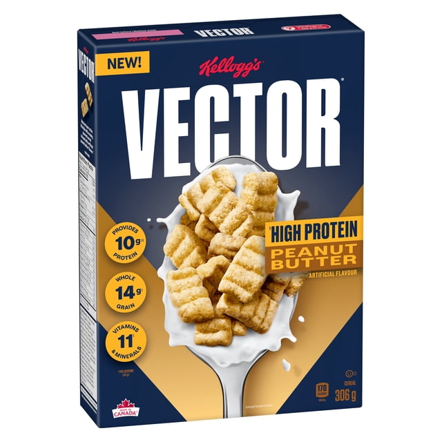 Kellogg's® Vector® High Protein Peanut Butter Crunch Cereal 306g box with a front view of peanut butter flavored crunchy cereal pieces on a spoon splashing in milk, providing 10g protein, 14g whole grain, and 11 vitamins and minerals per 44g serving, ideal for a nutritious breakfast or post-sport snack, made in Canada.