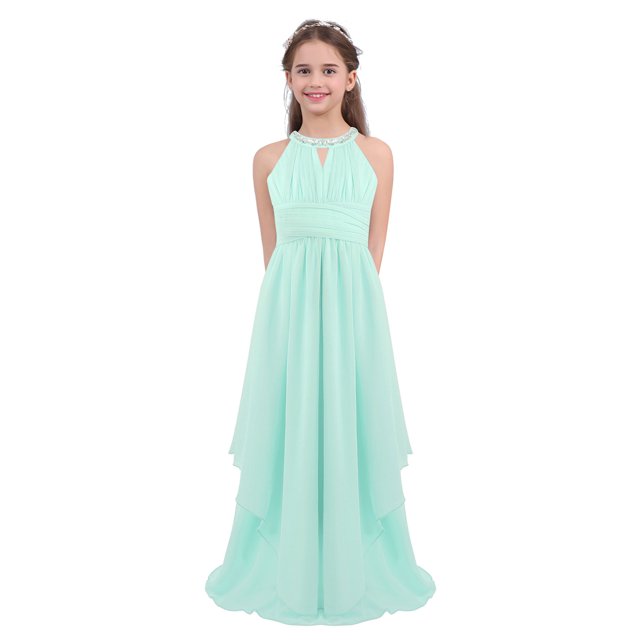 Oyolan Robe de Demoiselle d'Honneur pour Enfants Robe Longue en Chiffon Dos Nu pour Concours Soirée Danse Vert Menthe 4