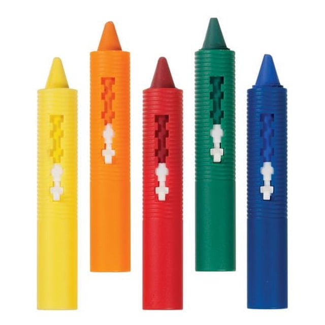 Munchkin Washable Draw Bath Crayons, Non-Toxic, 5 Pack with five twistable crayons in yellow, orange, red, green, and blue featuring ribbed grips, designed for toddlers to draw on bathroom tiles and wash off easily for mess-free creative play.