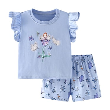 HNMKIU Girls Outfit Set Kids Girls Summer Animal Cartoon Letter Print Fly Sleeve T Shirt Tops And Floral Printing Shorts 2PCS Outfits Clothes Set Children's Clothing